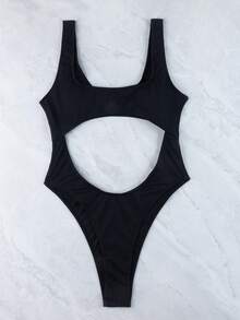 1pc Women's Summer Beach Vacation Ribbed Black Hollow Out One-Piece Swimsuit - Black - View 5