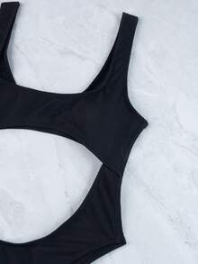 1pc Women's Summer Beach Vacation Ribbed Black Hollow Out One-Piece Swimsuit - Black - View 7