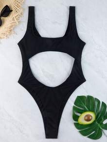 1pc Women's Summer Beach Vacation Ribbed Black Hollow Out One-Piece Swimsuit - Black - View 4