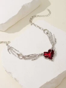 1pc Pure Gothic Design Silver-Color Devil Claw And Red Heart Pendant Chain Necklace, Suitable For Women'S Daily Wear - Silver - View 3