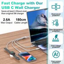 Cable de carga USB Tipo C compatible con Apple Watch S1-S10 6 en 1, cable de carga Tipo C a Lightning compatible con iPhone, Android, cámara, MP3, adaptador universal