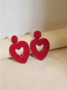 Handmade Dark Magenta Seed Bead Heart Shape Hollow Out Design Bridesmaid Earrings, Valentine's Day Gift, Holiday Party, Mother's Day Gift - Dark Rose Red Hollow Heart - View 4