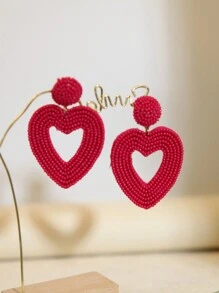 Handmade Dark Magenta Seed Bead Heart Shape Hollow Out Design Bridesmaid Earrings, Valentine's Day Gift, Holiday Party, Mother's Day Gift - Dark Rose Red Hollow Heart - View 2