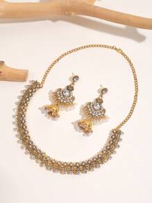 European And American Exaggerated Vintage Bohemian Faux Pearl Beaded Necklace Set Including Earrings And Collarbone Necklace With Rhinestone Details And Tassels