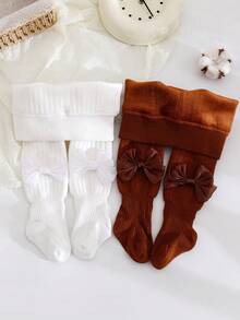 2 Pairs Of Girls' Maillard Color Fleece Leggings Suitable For Daily Matching - Multicolor - View 3