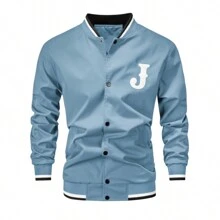 男士字母圖案春秋棒球服工作夾克運動夾克 - 藍色 - 查看 1