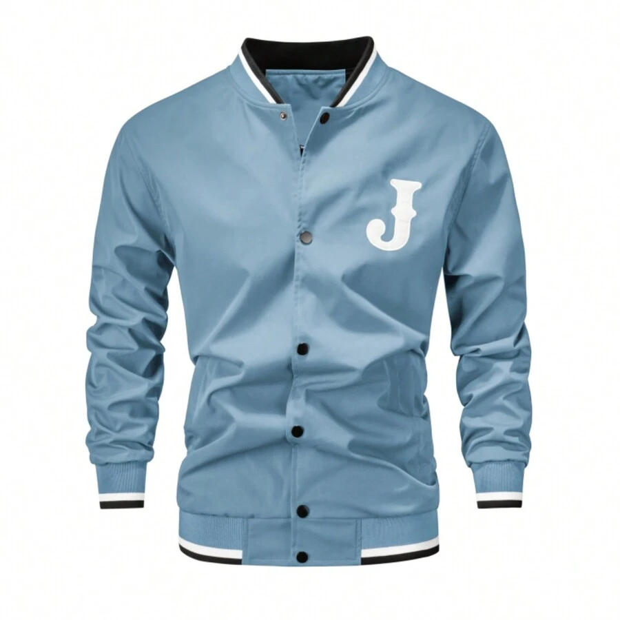 男士字母圖案春秋棒球服工作夾克運動夾克 - 藍色 - 查看 1