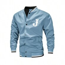 男士字母圖案春秋棒球服工作夾克運動夾克 - 藍色 - 查看 3