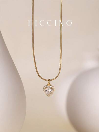  Ficcino 镀金方晶锆石心形吊坠首饰，不锈钢镀金女士项链配蛇链，日常佩戴配饰和节日礼物（带盒）情人节、妈妈、母亲、母亲节、礼物