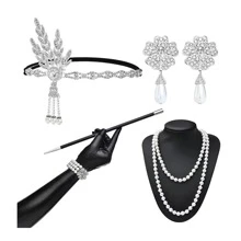 1套6件20年代風格女性水晶鑲嵌合金葉形頭箍,珍珠項鍊,珍珠手鍊,珍珠三葉草耳環,手套和煙嘴套裝派對配件 - 彩色 - 查看 1