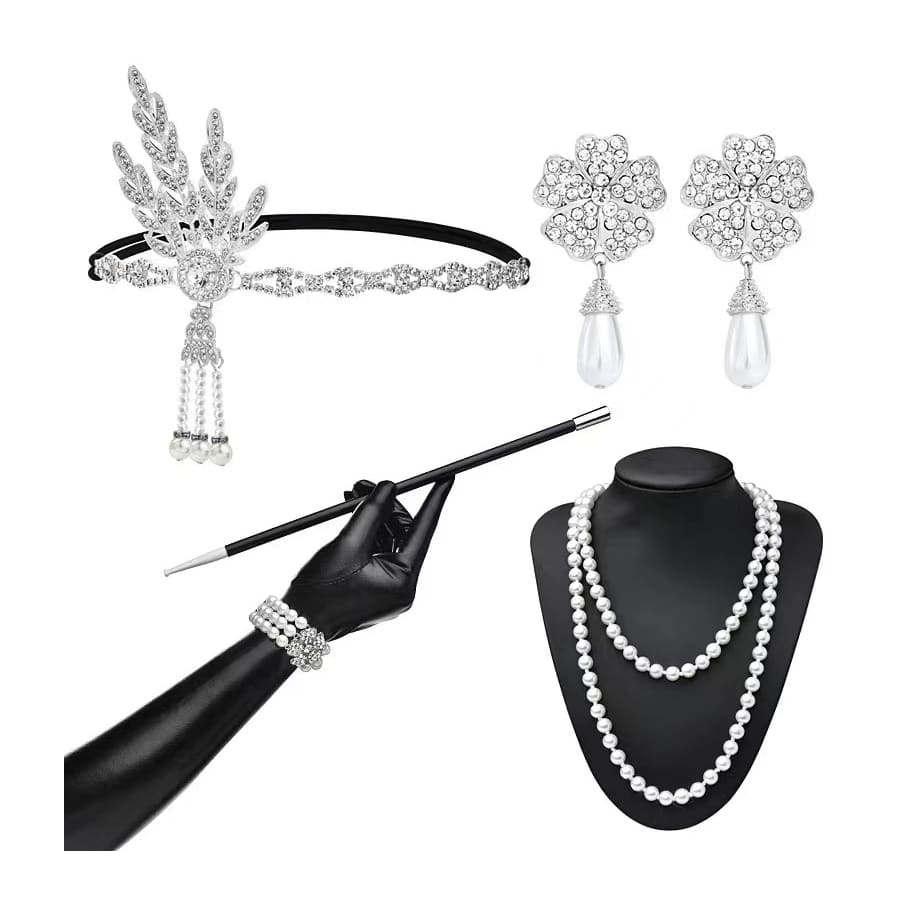 1套6件20年代風格女性水晶鑲嵌合金葉形頭箍,珍珠項鍊,珍珠手鍊,珍珠三葉草耳環,手套和煙嘴套裝派對配件 - 彩色 - 查看 1