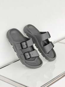 1pair Men's Soft & Comfortable Double Buckle Slip-On Sandals With Open Toe - Grey - View 6