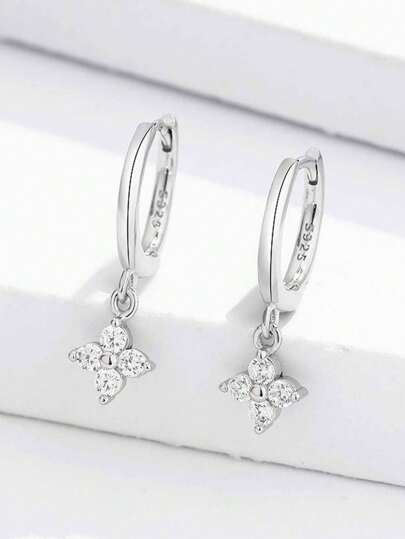 1pair S925 Sterling Silver Earrings With Elegant Clover & Cubic Zirconia, Minimalist & Versatile Style For Daily Wear, Ideal Gift For Friends And Girlfriends Holiday Valentines