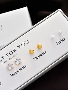 禮盒套裝 5 對簡約時尚珍珠幾何方形裝飾耳環套裝適合女士日常佩戴和節日禮物適合節日派對 - 金黃色 - 查看 3