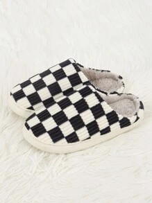 Checkered Memory Foam Fuzzy House Slippers With Fur Lining For Women & Men , Black Plush Bedroom Slippers, Winter Shoes - màu đen - Xem 1