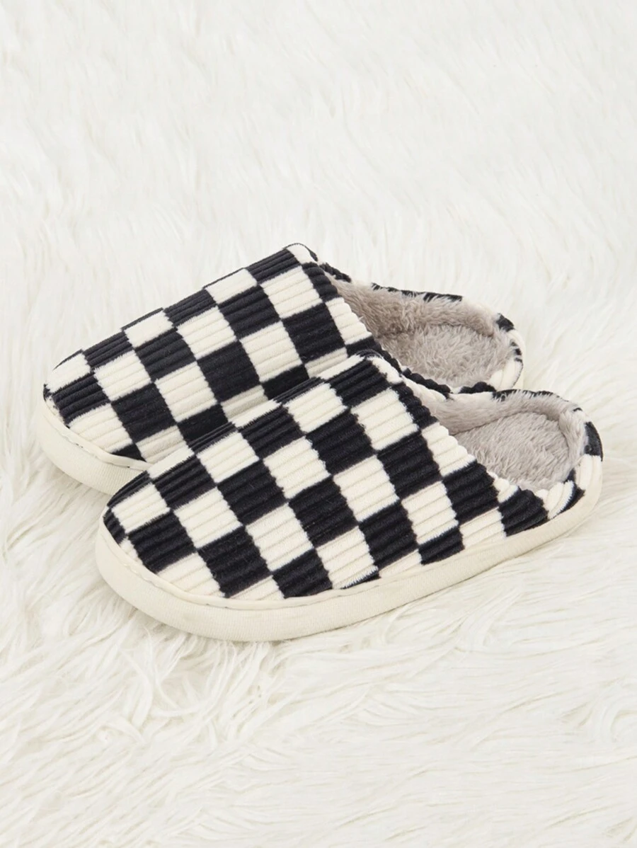 Checkered Memory Foam Fuzzy House Slippers With Fur Lining For Women & Men , Black Plush Bedroom Slippers, Winter Shoes - màu đen - Xem 1