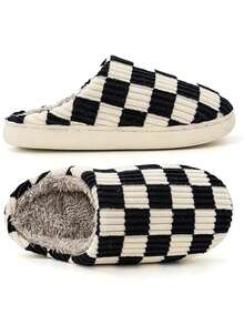 Checkered Memory Foam Fuzzy House Slippers With Fur Lining For Women & Men , Black Plush Bedroom Slippers, Winter Shoes - màu đen - Xem 4