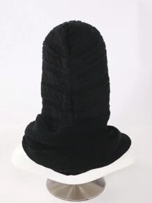 1條女式純色圍巾,附有頸部保暖和帽子,冬季旅遊配件 - 黑色 - 查看 3