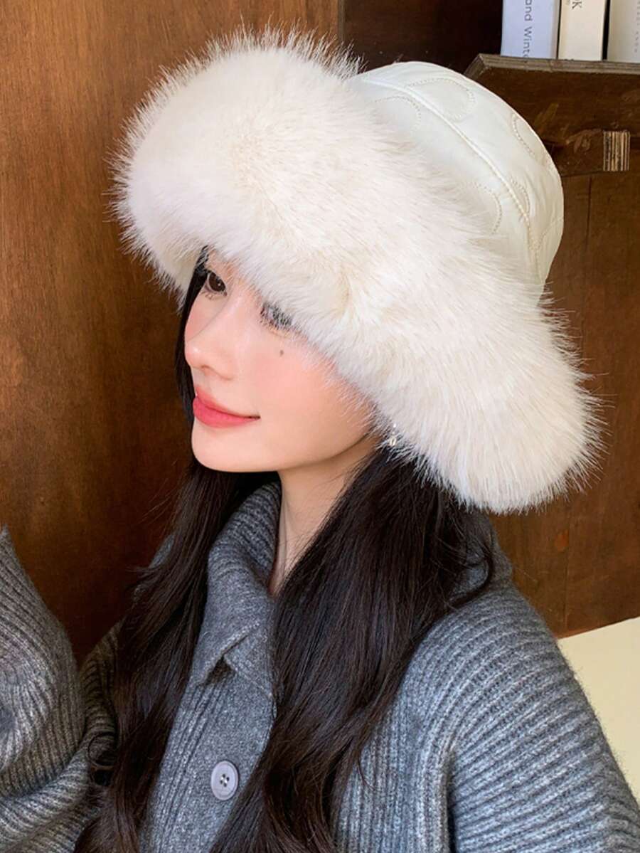 1入女性桶帽，毛絨裝飾邊，適用於戶外活動的保暖柔軟冬季桶帽，可愛風格 - 黑色 - 查看 1