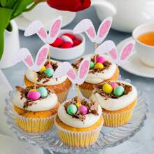 12 Piezas Toppers De Papel Para Cupcakes En Forma De Orejas De Conejo Para Fiesta De Pascua/cumpleaños/picnic - Rosa 12 Uds. - Ver 1