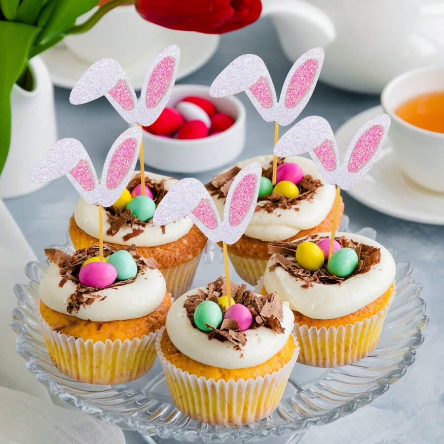 12 Piezas Toppers De Papel Para Cupcakes En Forma De Orejas De Conejo Para Fiesta De Pascua/cumpleaños/picnic - Rosa 12 Uds. - Ver 1