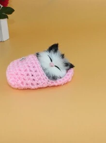 1pc Cute Sleeping Cat Press And Call Slippers Cat Plush Bag Pendant, Imitation Animal Gift, Crochet Plush Ornament - Pink - View 1