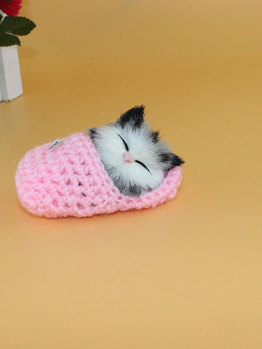 1pc Cute Sleeping Cat Press And Call Slippers Cat Plush Bag Pendant, Imitation Animal Gift, Crochet Plush Ornament - Pink - View 1