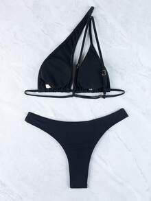 2 Pieces Solid Color Asymmetrical Backless Bra And Swim Bottoms Bikini Set Summer - Black - View 6