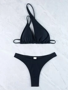 2 Pieces Solid Color Asymmetrical Backless Bra And Swim Bottoms Bikini Set Summer - Black - View 5