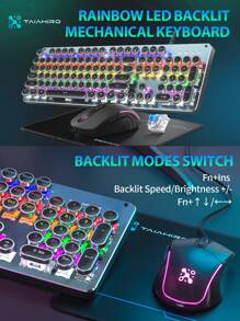 Taiahiro 機械遊戲鍵盤,滑鼠和滑鼠墊組合,打字機風格機械遊戲鍵盤,帶有 Rgb 背光的黑色復古朋克遊戲鍵盤,104 鍵藍色開關有線可愛鍵盤,適用於 Windows//pc 的圓形鍵帽 - 黑色 - 查看 3