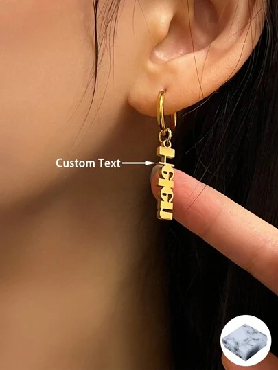 1 Pair Of Fashionable Name Customized Earrings With Engraving Option, Personalized Minimalist Gold Name Jewelry, Perfect For Gifting To Lovers, Family, Birthday, Anniversary, Mother's Day, And Other Special Occasions, Gold, Stylish, Colorful, Vintage, Simple, Unisex, Casual, Cuties, Custom, Personalized, Unique, For Anniversaries, For Birthdays, For Graduation, For Prom, For Party, Stainless Steel Jewelry, Customized Fashion Word Earrings, Street Casual Chic