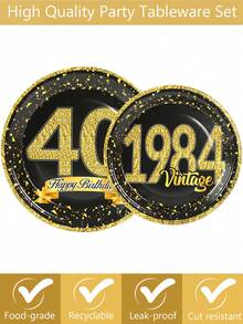 8入組「40歲生日」一次性晚餐盤,7/9吋黑色和黃色復古紙質可拋式餐盤,生日派對裝飾用品,1984派對紙盤,一次性餐盤 - 彩色 - 查看 5