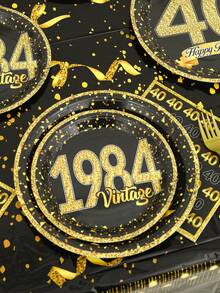 8入組「40歲生日」一次性晚餐盤,7/9吋黑色和黃色復古紙質可拋式餐盤,生日派對裝飾用品,1984派對紙盤,一次性餐盤 - 彩色 - 查看 3