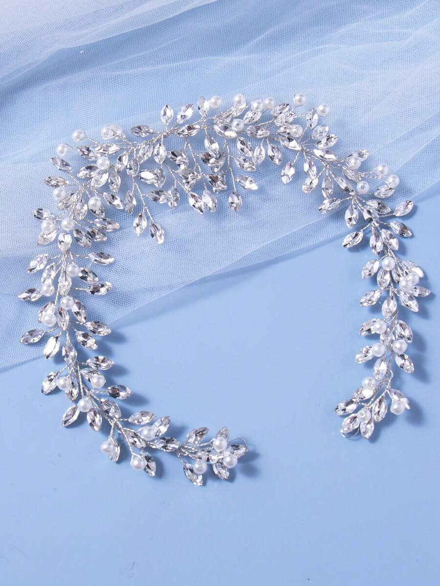 1入手工珠鍊頭飾,鑲嵌鑽石和珍珠,百搭婚禮髮飾 - 銀色 - 查看 1