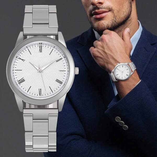 1 Pieza Reloj De Pulsera De Cuarzo Para Hombre Con Correa De Acero Inoxidable, Moda Casual, Estilo Empresarial Con Dial De Números Romanos, No Ajustable