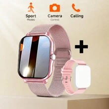 新款女士智能手表，无线呼叫/接收，多运动模式，久坐提醒，天气预报，消息通知，无边框设计，带 和计时器的女士智能手表，适用于 Android 和 适合男女时尚礼物 - 粉色 - 查看 2