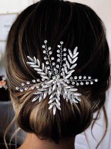 1入手工製作的女性銀色婚禮髮夾,鑲嵌著水晶髮飾,適用於新娘、正式活動和派對 - 銀色 - 查看 1