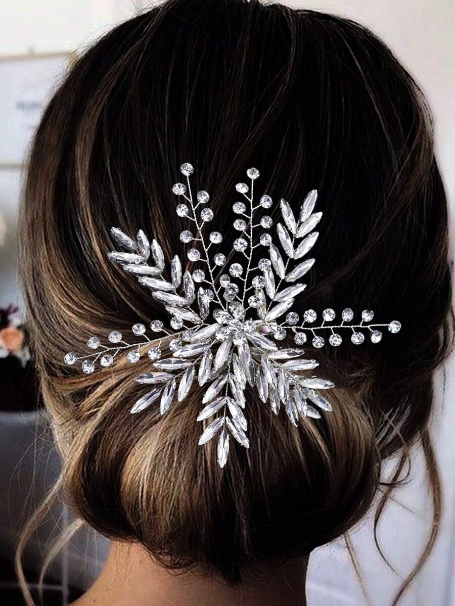 1入手工製作的女性銀色婚禮髮夾,鑲嵌著水晶髮飾,適用於新娘、正式活動和派對 - 銀色 - 查看 1