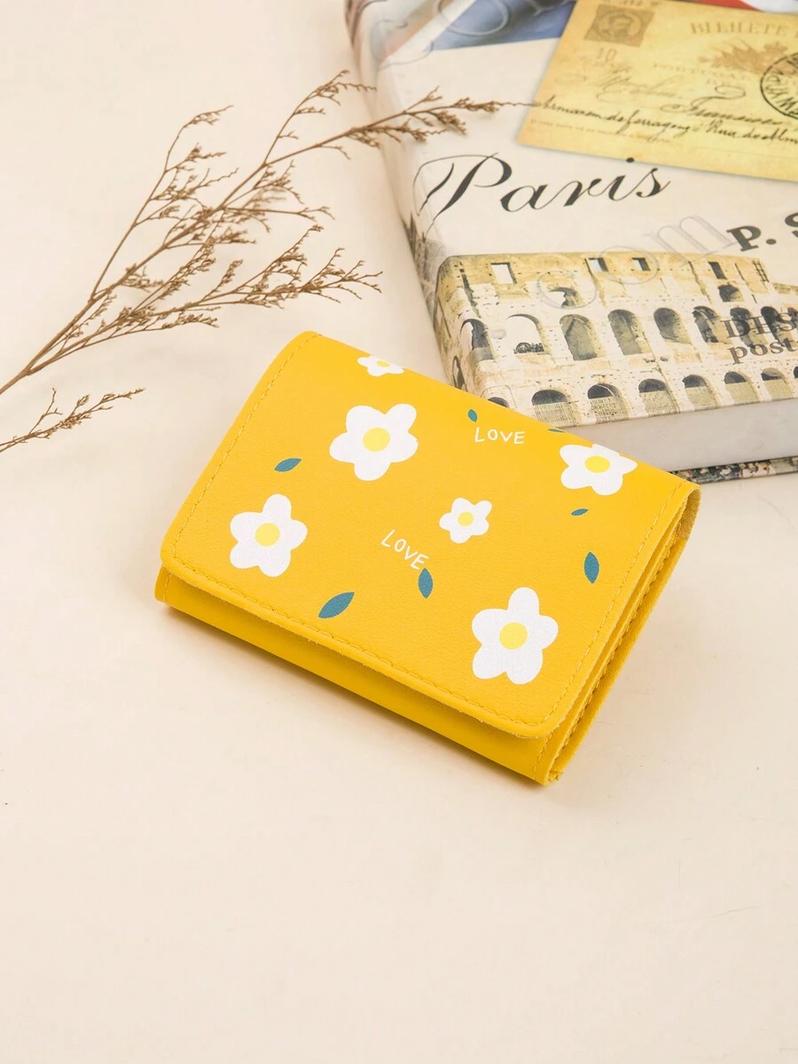 Ví nữ họa tiết hoa dễ thương, ngăn đựng thẻ mini để sử dụng hàng ngày, ví cầm tay nhỏ đơn giản - Màu vàng - Xem 1