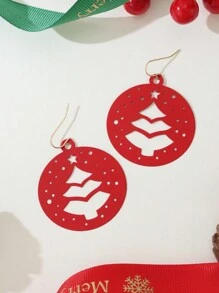 1 Pair Of Fashionable Classic New Year Style Christmas Tree Pattern Earrings, Red And Green Christmas Tree, 2 Colors Available, Computer Tablet Engraved, Suitable For Daily Wear By Women, Holiday Blessings - Red - View 4