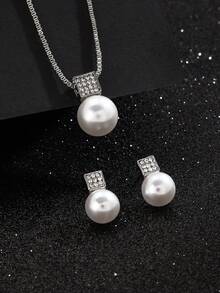 1對耳環和1件頸鍊優雅的仿珍珠珠寶套裝，適用於女士和女孩選擇日常穿搭和派對配飾 - 玫瑰金 - 查看 5