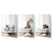 3pcs Adorable Animal Theme Bathing Artwork Set, Creative Bathroom Poster, Powder Room Wall Decor, Toilet Wall Art, Office & Public Restroom Wall Art, Nodic Bathroom Wall Decor, Ins Style Wall Art For Bedroom, Living Room, Kitchen, Dressing Room, Closet, Dining Room & Hotel Wall Decoration, Dressing Room Canvas Art Print, 3 Sizes Available, Unframed - Camel - View 6
