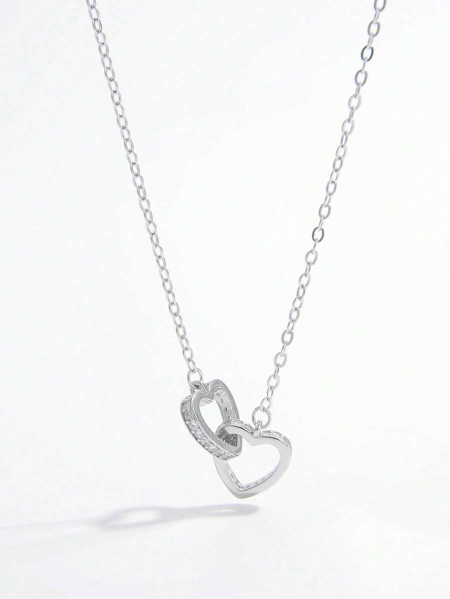 1 件情人节情侣周年纪念华丽浪漫优雅可爱时尚独特个性化创意 925 银人造锆石双心互锁吊坠项链，适合女性，非常适合约会、派对、订婚、婚礼，代表魅力礼物