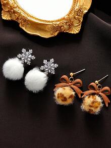 1對時尚優雅耳環,帶有雪花毛球和豹紋蝴蝶結毛球,適用於假日派對、節日禮物、約會和日常珠寶配飾 - 彩色 - 查看 8