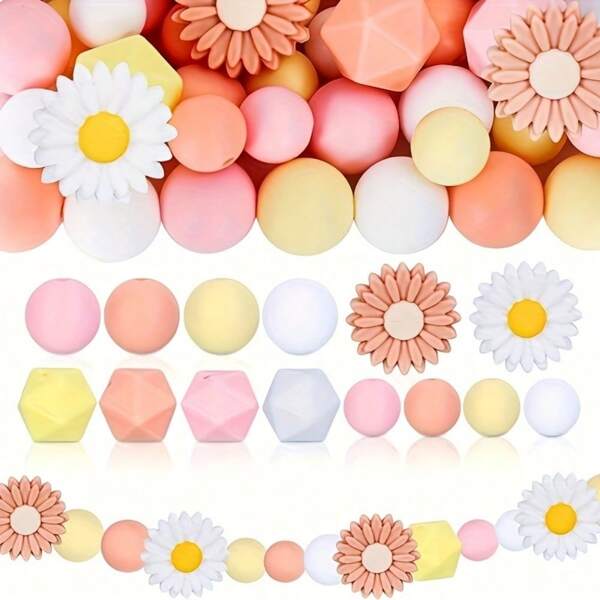 50pcs/Set Daisy Sunflower Focal Beads 12/15mm Round Silicone Beads 14mm Mini Hexagon Silicone Rubber Decorative Beads For DIY Beading Key Chain Bracelet Necklace Beaded Pen Jewelry Craft Accessories Valentines