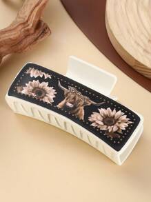 1入復古牛仔風格PU皮革夾髮夾，混合裝飾（夾髮夾，向日葵和牛頭），適合日常穿著、休閒舒適/時尚外觀 - 彩色 - 查看 1