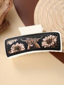 1入復古牛仔風格PU皮革夾髮夾，混合裝飾（夾髮夾，向日葵和牛頭），適合日常穿著、休閒舒適/時尚外觀 - 彩色 - 查看 5