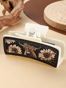 1入復古牛仔風格PU皮革夾髮夾，混合裝飾（夾髮夾，向日葵和牛頭），適合日常穿著、休閒舒適/時尚外觀 - 彩色 - 查看 6