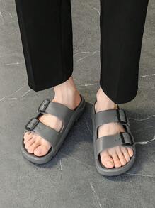 1pair Men's Soft & Comfortable Double Buckle Slip-On Sandals With Open Toe - Grey - View 2