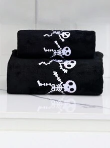 1条超柔软吸水速干毛巾（轻便），不掉毛，黑白骷髅刺绣图案，适合居家使用，可用于擦头发、洗脸、沐浴，特大尺寸40*80厘米毛巾或70*140厘米浴巾或特大浴袍。 - 黑色 - 查看 3